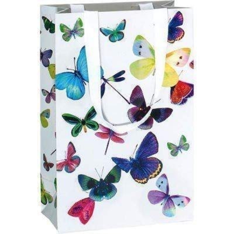 Butterfly Gift Bag Mariposa by Stewo - Small. Holographic butterfly design on white background on gloss laminate card. This gift bag is all the quality you would expect from Stewo made from thick card and the ribbon handles are also fixed with rivets. 